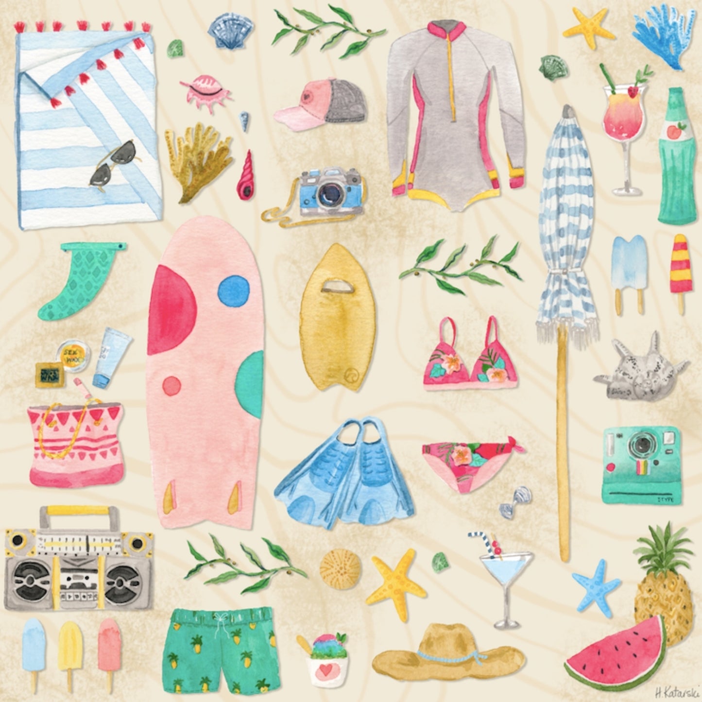 Image of puzzle consisting of beach essentials, including sunglasses, wetsuit, surfboard, fins, popsicles, towel, and other fun items
