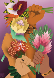 Four hands hold up various colorful, tropical flowers against a purple background. One hand is held high in a fist of solidarity and adorned with a Polynesian tattoo, representing strength and cultural pride. Another hand wears a bracelet reading "Wahine," meaning "woman" in Hawaiian.