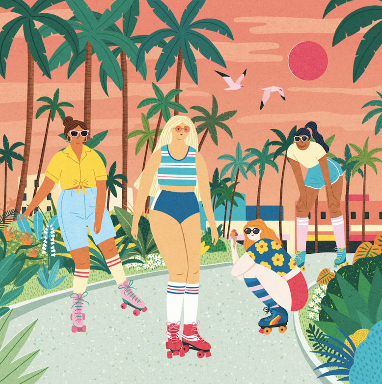 girls rollerskating in sunset