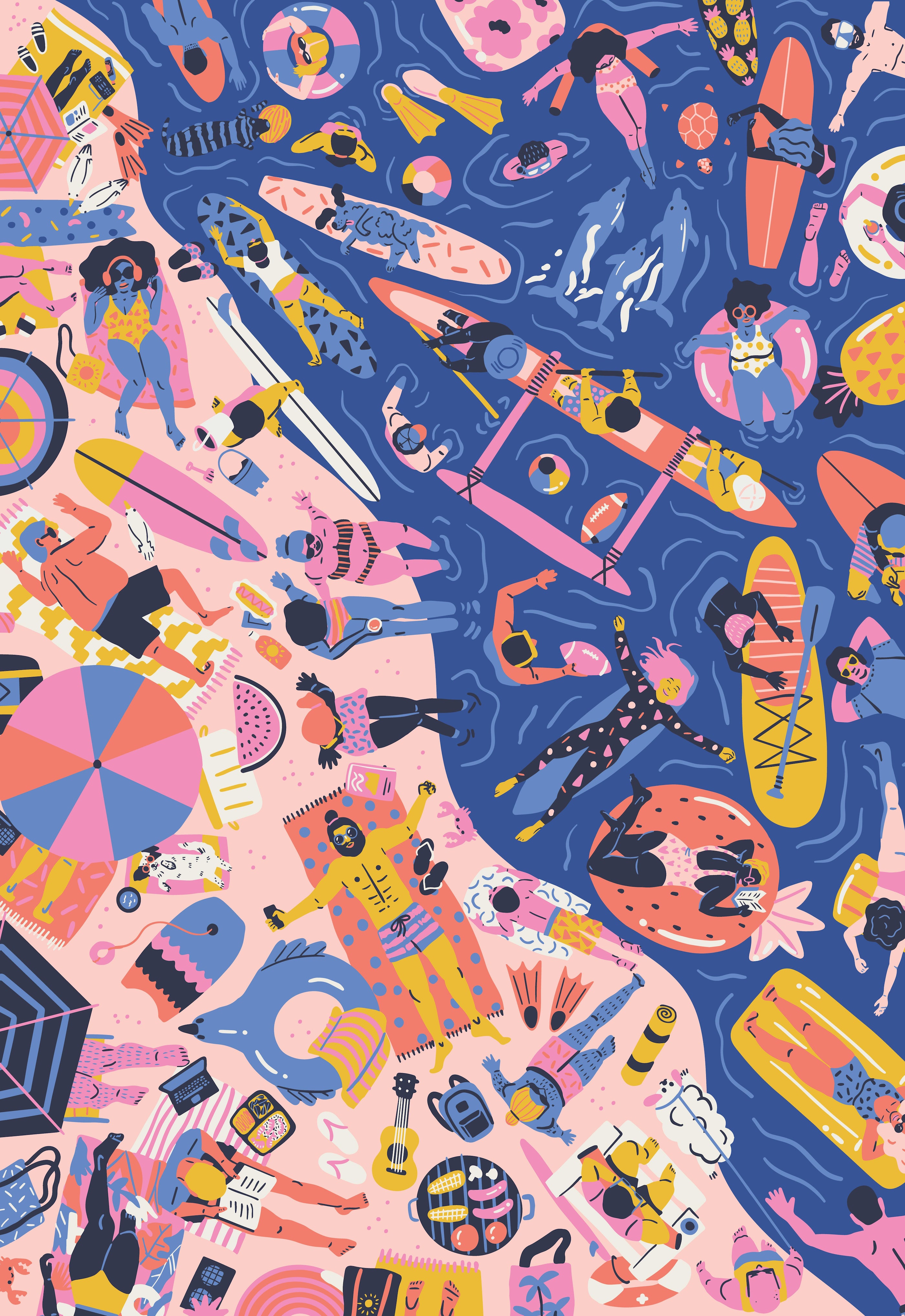 Image of Sielbeck's art depicting a busy beach day