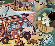 Image of Van Life puzzle with puzzle box, smores, and a campfire coffee
