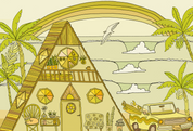 A-frame beach house with surfboards and vintage truck parked nearby as ocean waves crash under a rainbow. 
