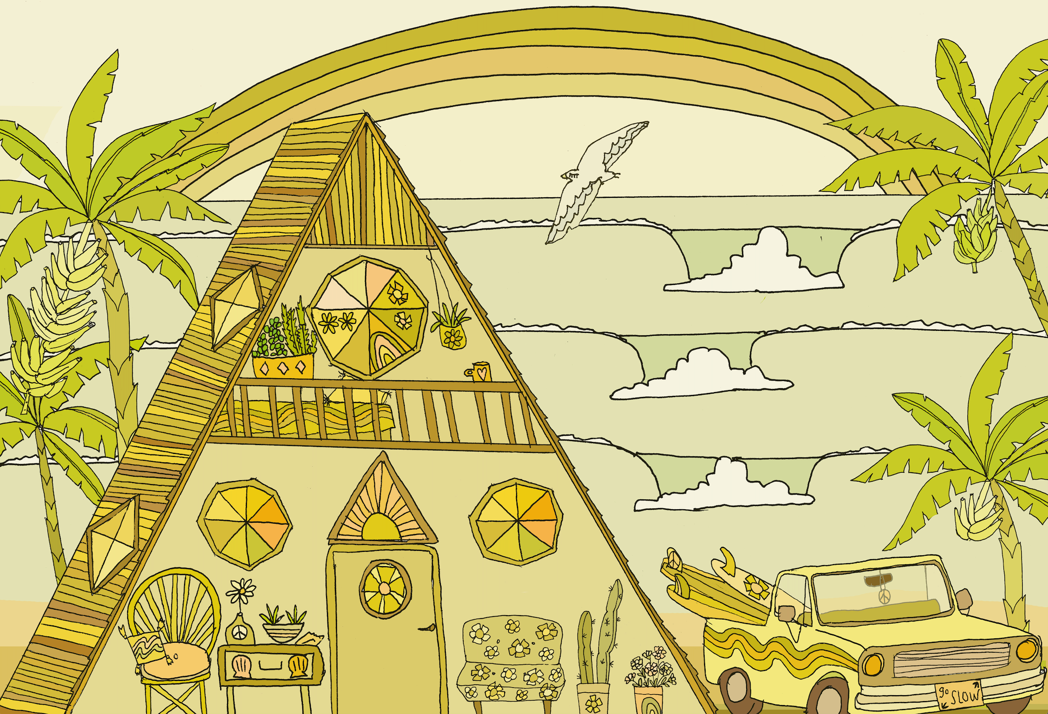 A-frame beach house with surfboards and vintage truck parked nearby as ocean waves crash under a rainbow. 
