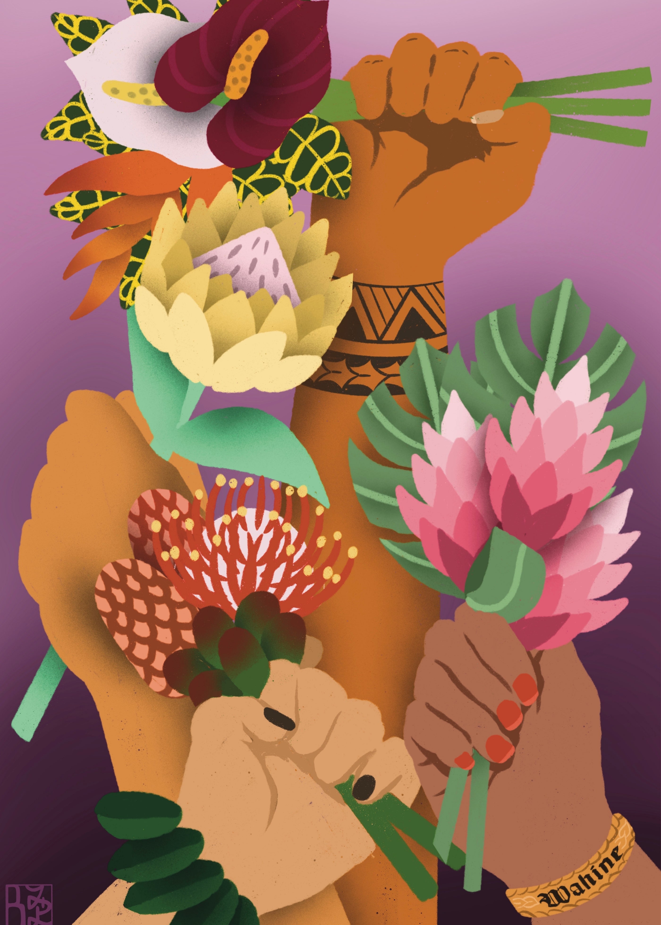 Four hands hold up various colorful, tropical flowers against a purple background. One hand is held high in a fist of solidarity and adorned with a Polynesian tattoo, representing strength and cultural pride. Another hand wears a bracelet reading "Wahine," meaning "woman" in Hawaiian. 

