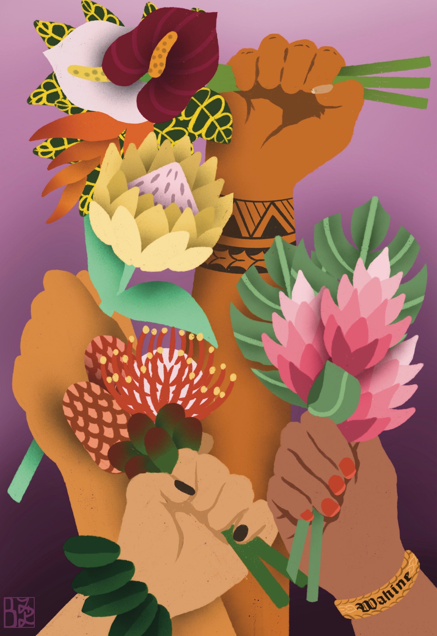 Four hands hold up various colorful, tropical flowers against a purple background. One hand is held high in a fist of solidarity and adorned with a Polynesian tattoo, representing strength and cultural pride. Another hand wears a bracelet reading "Wahine," meaning "woman" in Hawaiian. 
