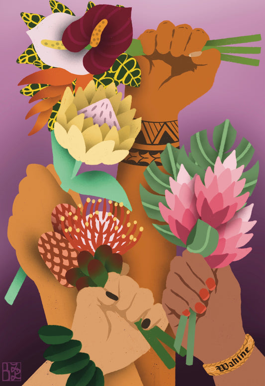 Four hands hold up various colorful, tropical flowers against a purple background. One hand is held high in a fist of solidarity and adorned with a Polynesian tattoo, representing strength and cultural pride. Another hand wears a bracelet reading "Wahine," meaning "woman" in Hawaiian. 

