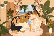 Five Pacific Islander women string fragrant plumeria leis, preparing for a traditional ceremony in a tropical room filled with vibrant flowers. 
