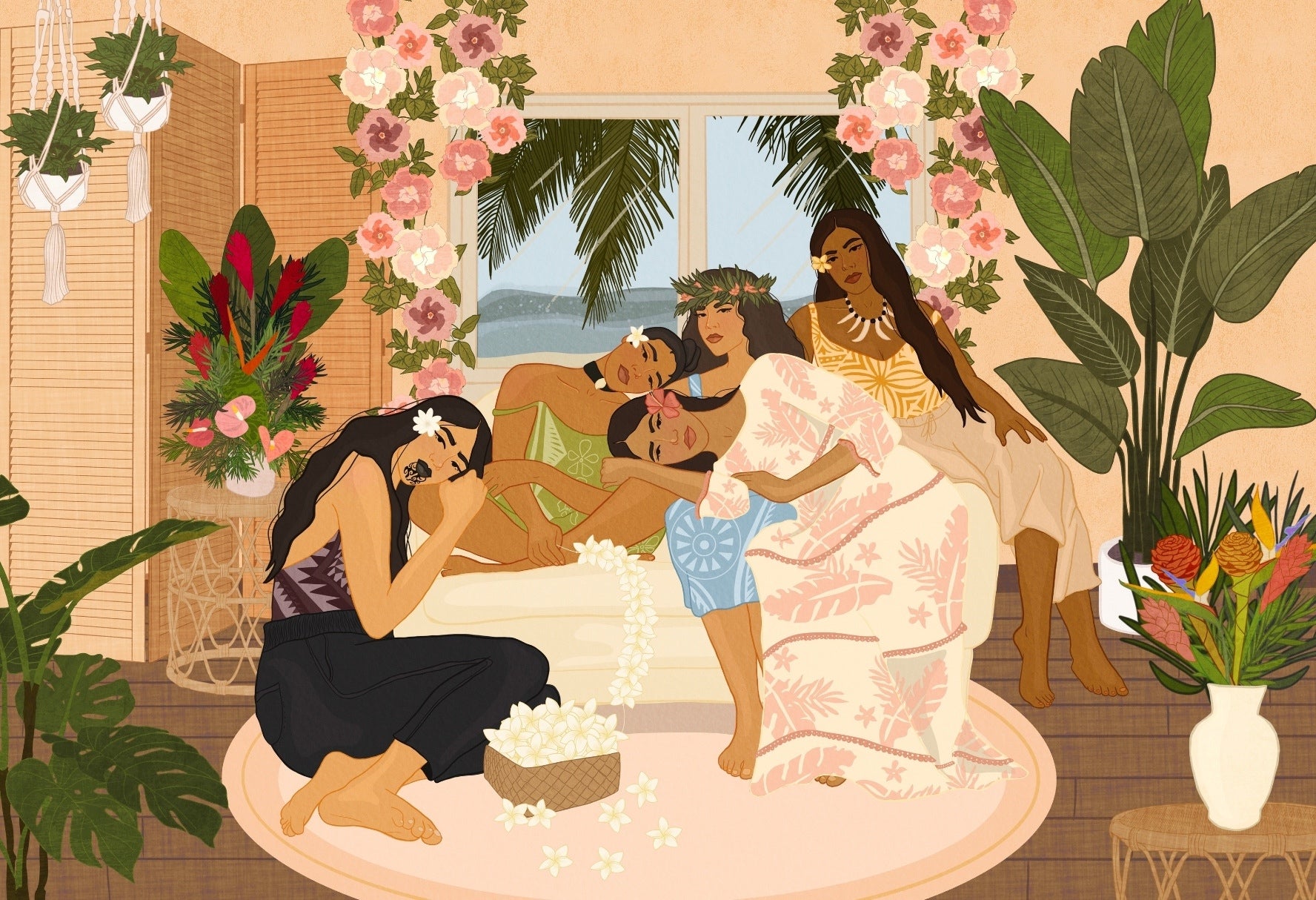 Five Pacific Islander women string fragrant plumeria leis, preparing for a traditional ceremony in a tropical room filled with vibrant flowers. 

