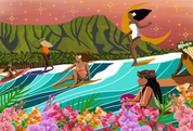 Image of women surfing at Queens, Waikiki with Diamond Head in the background