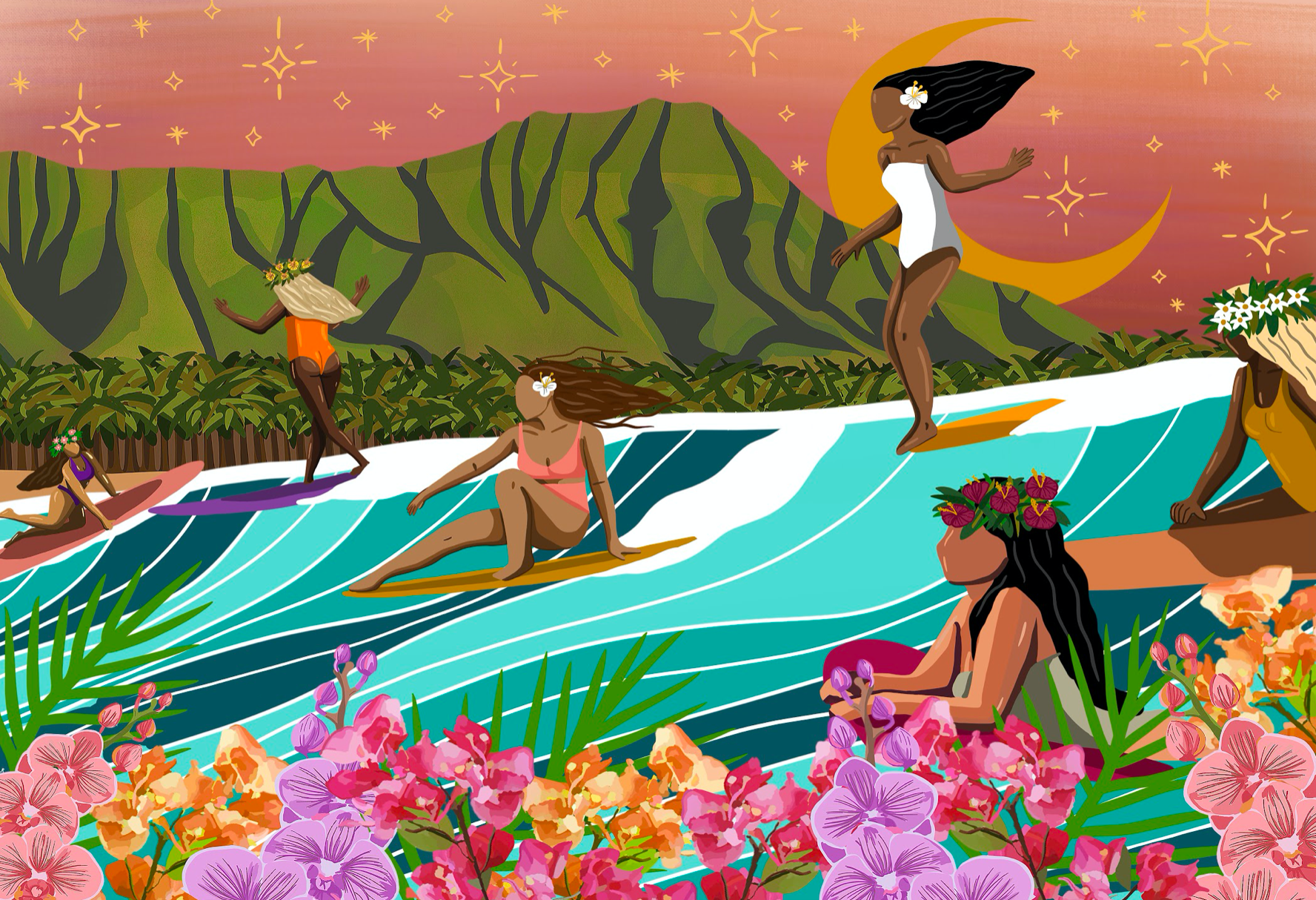 Image of women surfing at Queens, Waikiki with Diamond Head in the background
