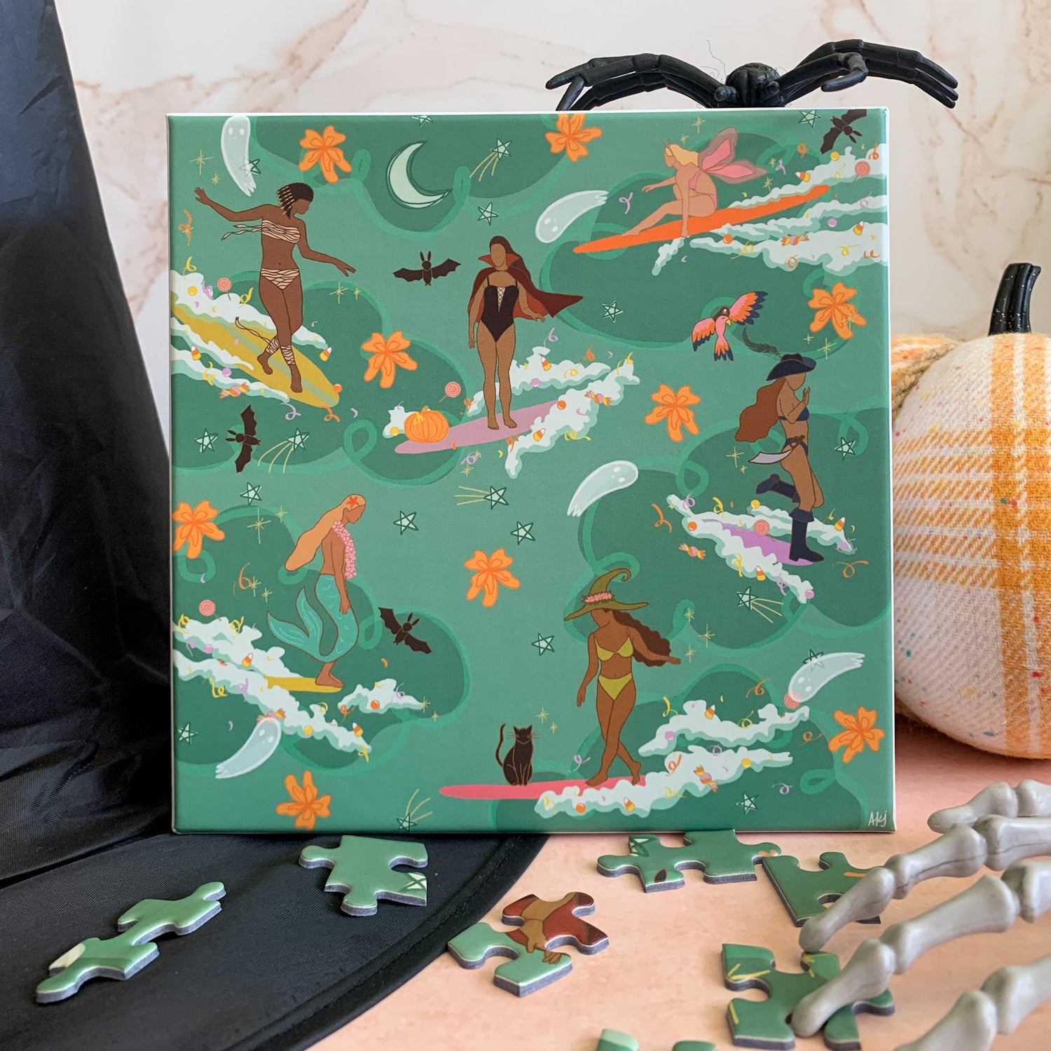 halloween surf puzzle with spiders, pumpkins and skeletons