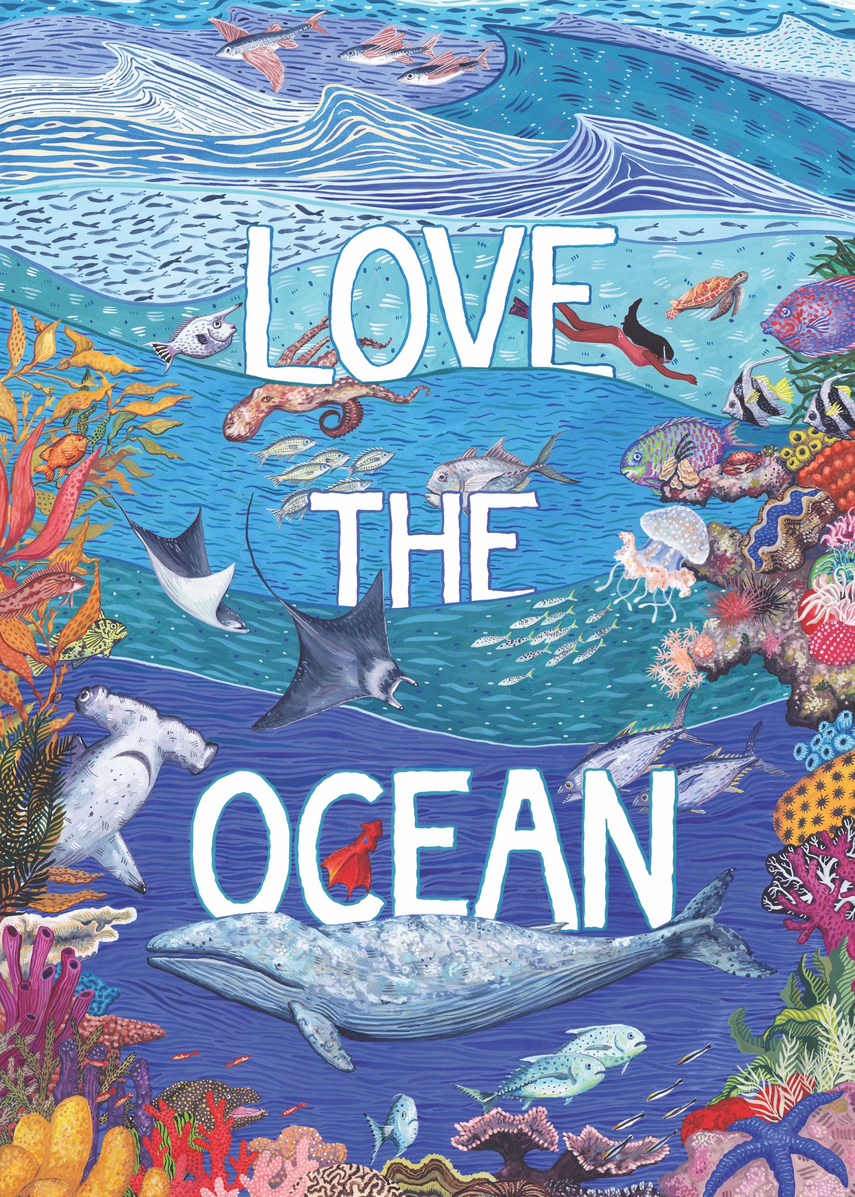 Puzzle image of various sealife, including a whale, sharks, stingrays, and jellyfish