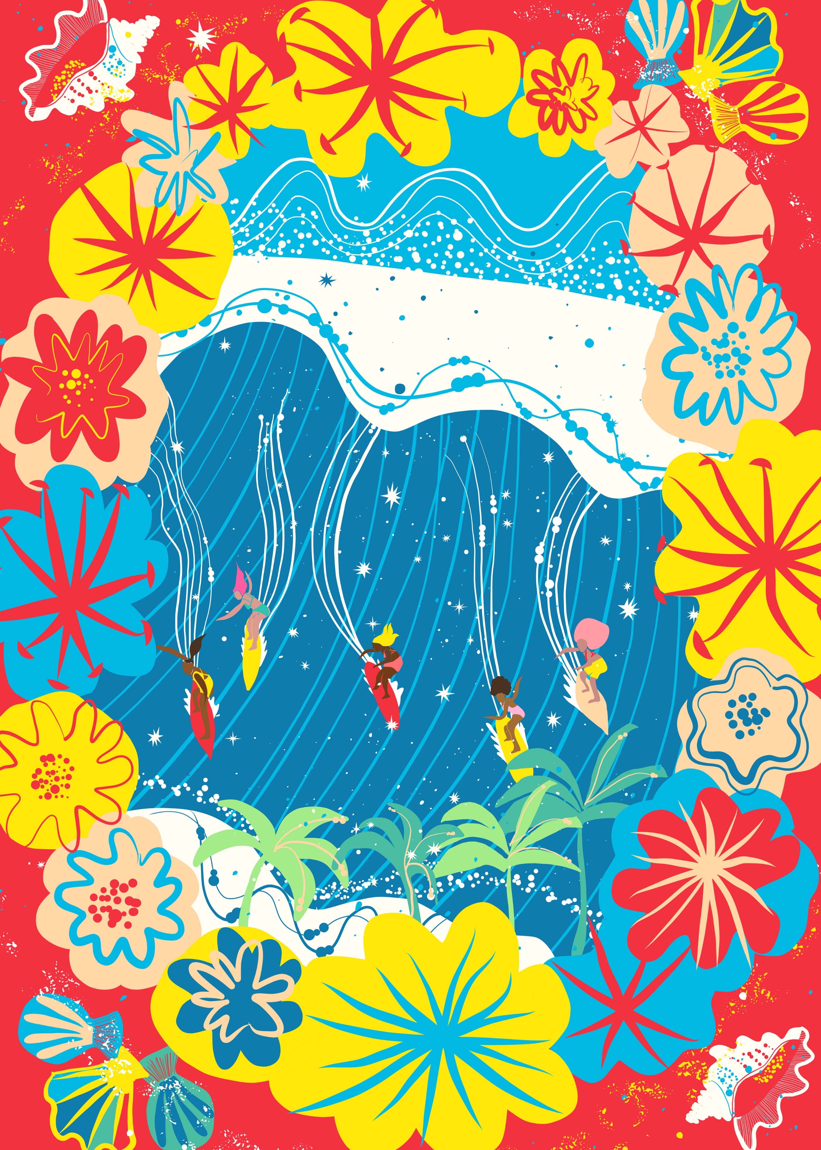 colorful image of women surfing at Waimea Bay with flowers