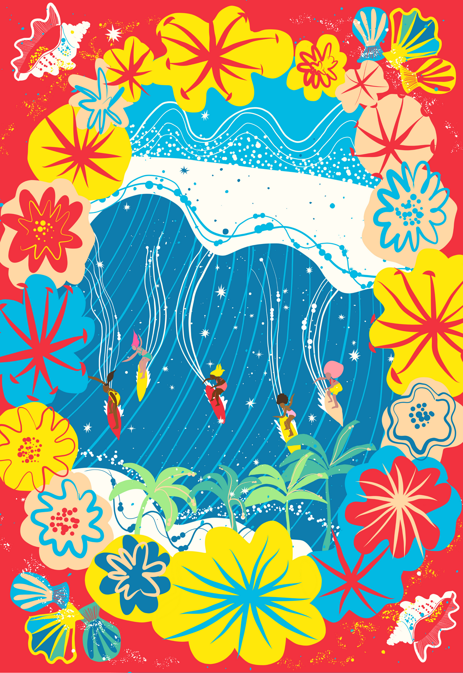 colorful image of women surfing at Waimea Bay with flowers