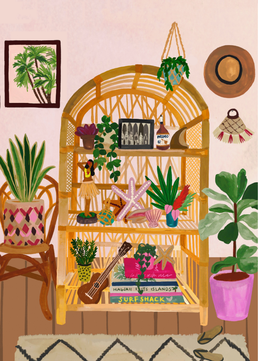 Rattan shelf decorated with Hawaiian souvenirs like a ukulele, hula girl figurine, and pineapple decor showcases tropical home decor style. 
