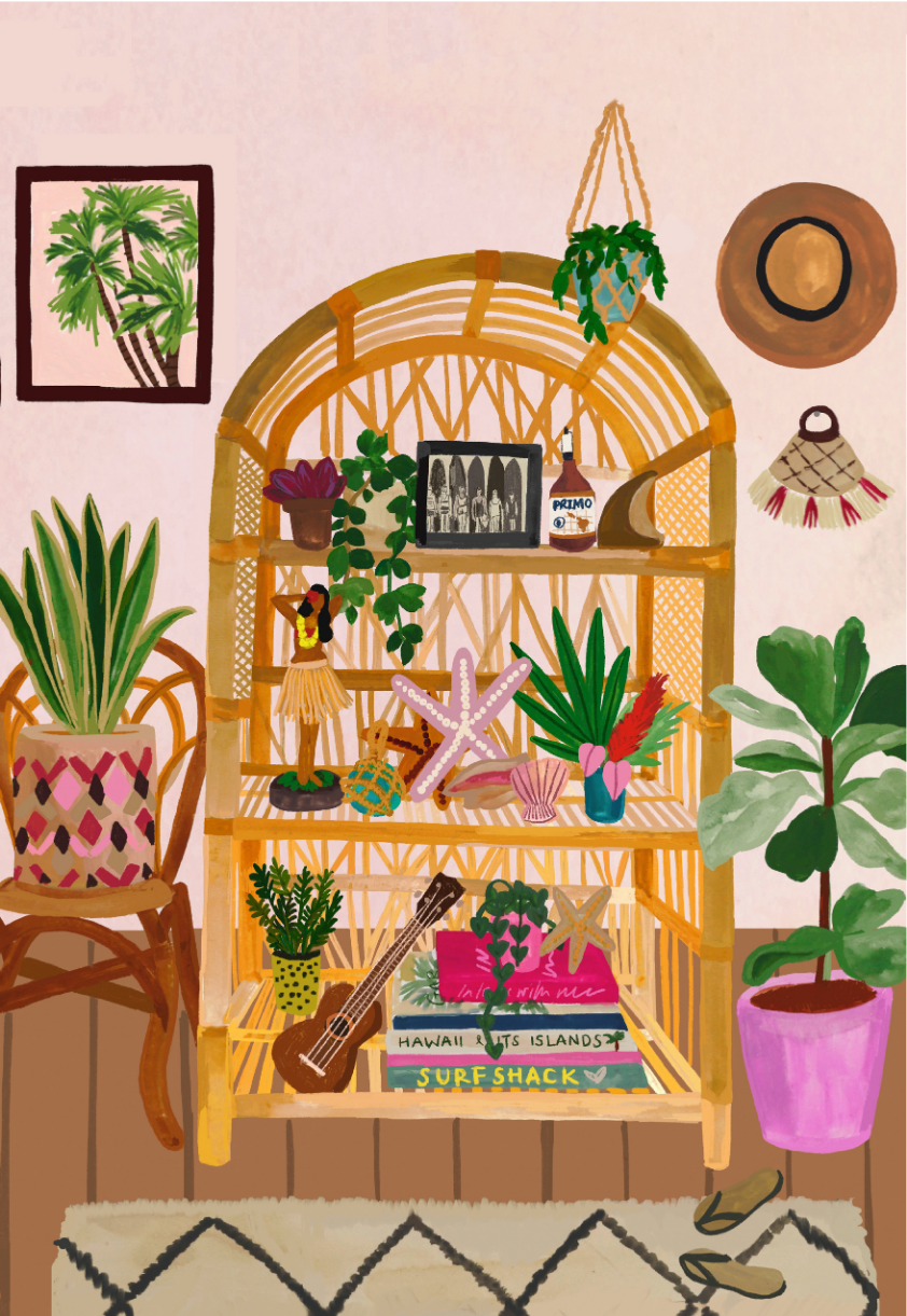Rattan shelf decorated with Hawaiian souvenirs like a ukulele, hula girl figurine, and pineapple decor showcases tropical home decor style. 
