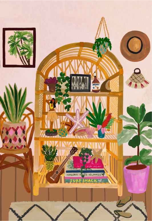 Rattan shelf decorated with Hawaiian souvenirs like a ukulele, hula girl figurine, and pineapple decor showcases tropical home decor style. 
