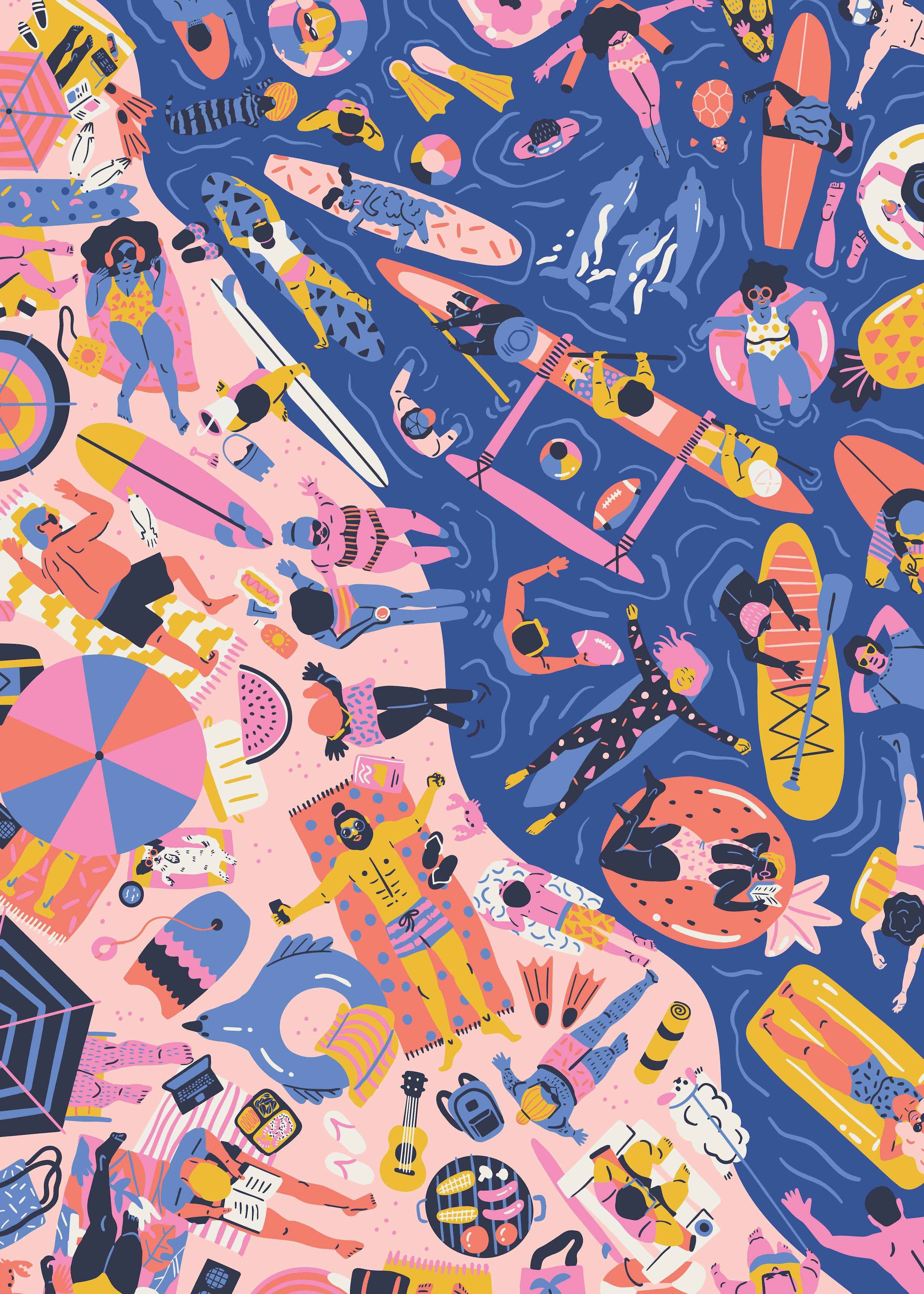 Image of Sielbeck's art depicting a busy beach day