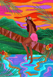 woman on coconut tree over the water