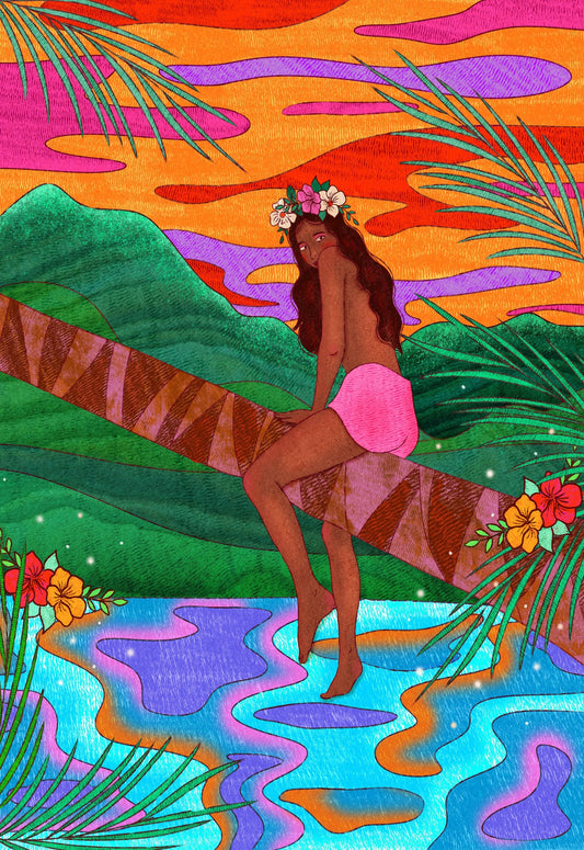 woman on coconut tree over the water