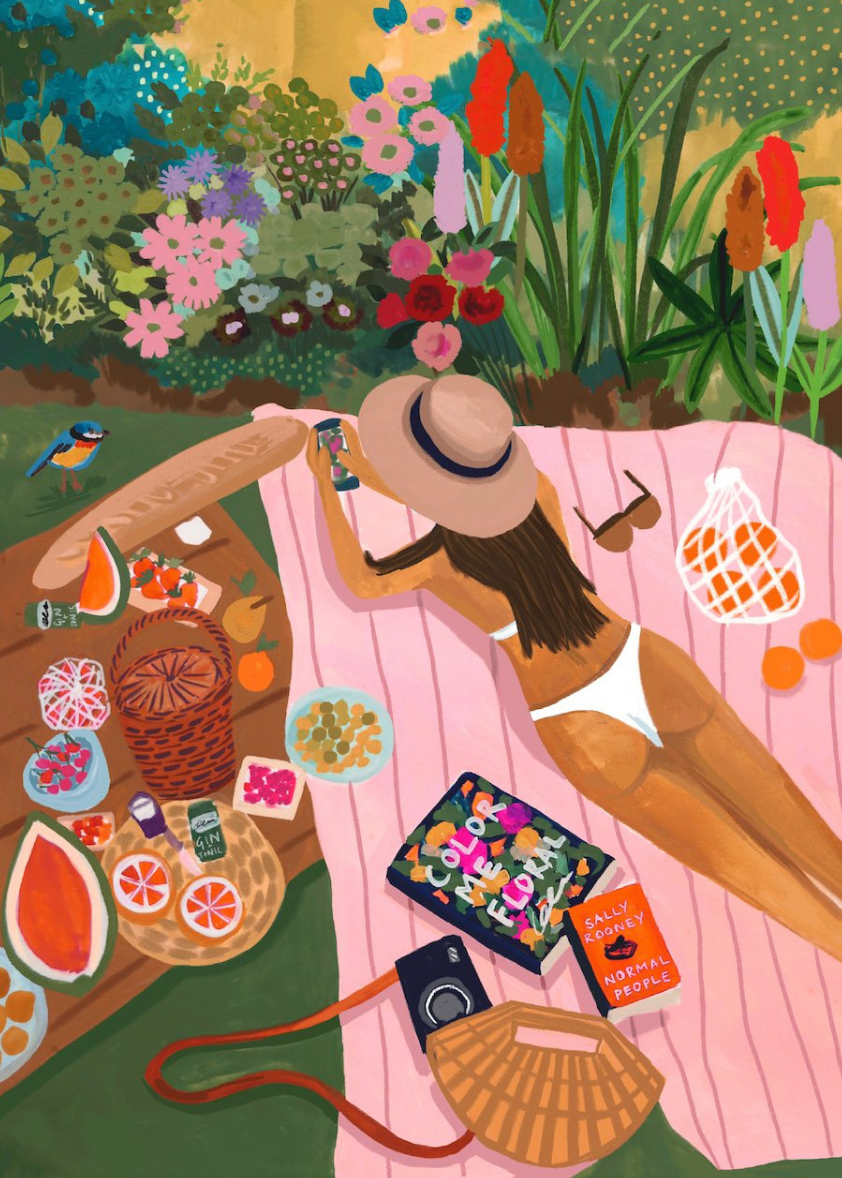 Woman relaxes on a pink picnic blanket in a lush garden, surrounded by colorful flowers, snacks, and books in a vibrant illustration. 
