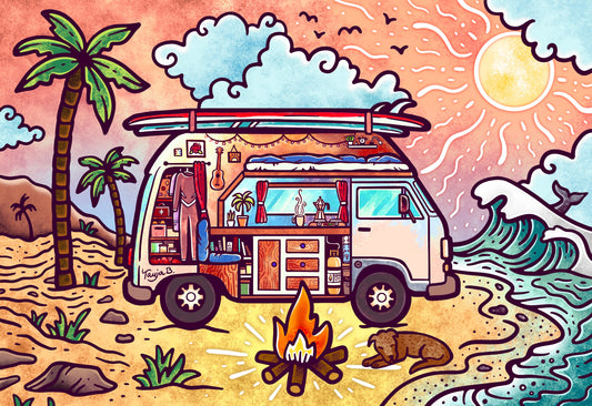 illustration of camper van with fire, dog, and surfboards at beach