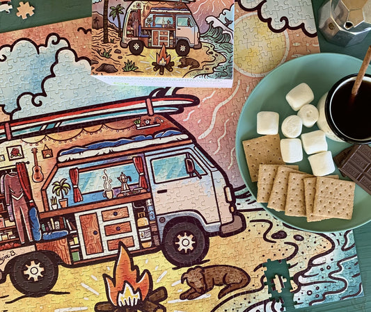 Image of Van Life puzzle with puzzle box, smores, and a campfire coffee